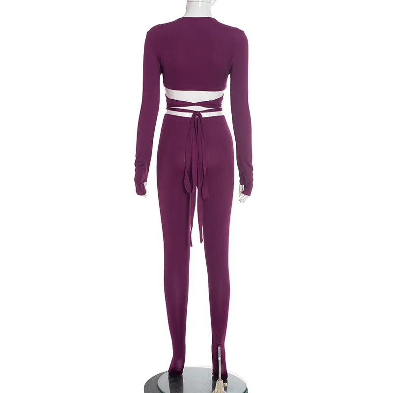 Voguable  Sexy V-Neck Women Two Piece Pants Sets Fashion Long Sleeve Drawstring Bandage Cropped Top and Leggings Pantyhose Outfits voguable