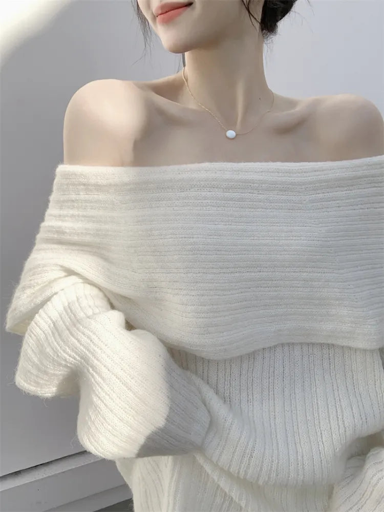 Autumn Design Sexy White Knitted Sweater Women Long Sleeve Pure Color Korean Fashion Y2k Clothing Elegant Pullover Female voguable