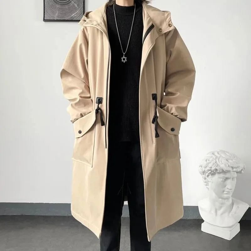 2023 Spring Autumn Army Green Windbreaker Fashion Men Mid-length Casual Hooded Coat Men Daily High Street Overcoat Male Clothes voguable