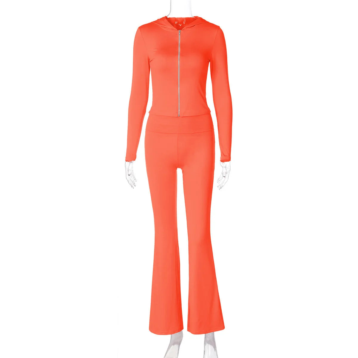 Mozision Hooded Top And Trousers Two Piece Sets Women Fashion Zipper Long Sleeve Tops And Flare Pant Female Casual Suit New voguable