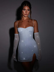 Sparkle Sexy Mini Dress Women New Spaghetti Strap With Sleeve Backless Sleeveless Glitter Club Party Sexy Dress voguable