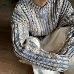 Voguable  Fashionable Striped Knitting Sweaters Men Autumn Streetwear Y2K Loose O Neck Long Sleeve Knit T-shirts Mens Vintage Sweater Tops voguable
