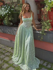 Flower Printed Slim A-line Sling Green Dress Fashion Square Neck High Split Long Dresses 2024 Elegant Chic Evening Wedding Robes voguable