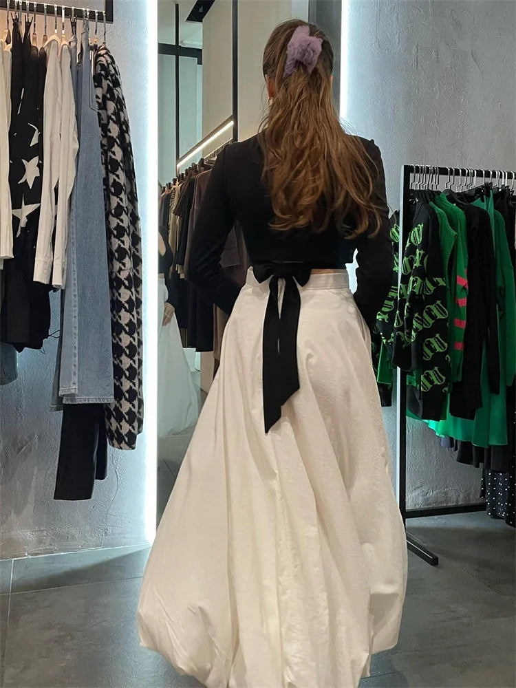 TARUXY Silk Satin White Maxi Skirt Long Ruffled Pleated Skirts Elegant Lantern Pants A-Line Silk Long Skirts For Women 2023 New voguable