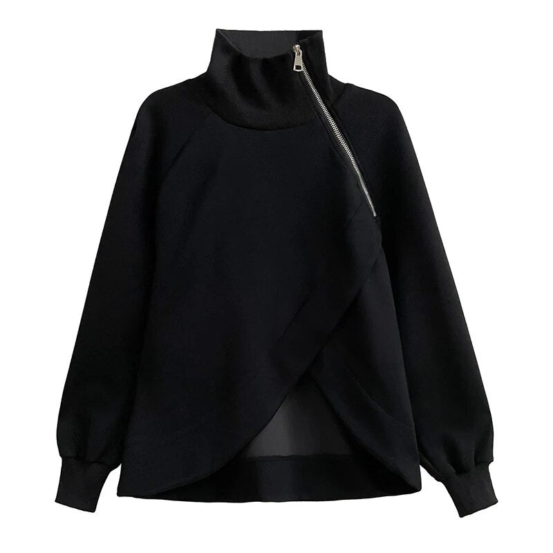 Loose Fit Black Zipper Irregular Sweatshirt New Turtleneck Long Sleeve Women Big Size Fashion Spring Autumn voguable