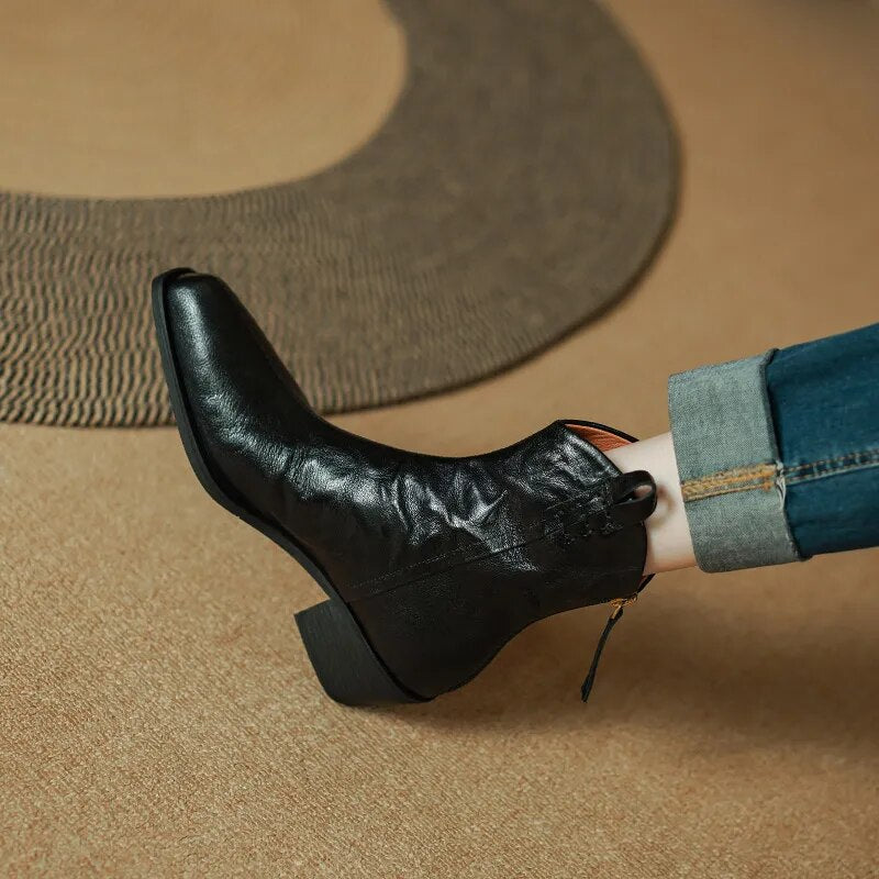 New Autumn Women Boots Square Toe Thick Heel Boots for Women Winter Genuine Leather Ankle Boots Chelsea Boots Cowboy Boots voguable