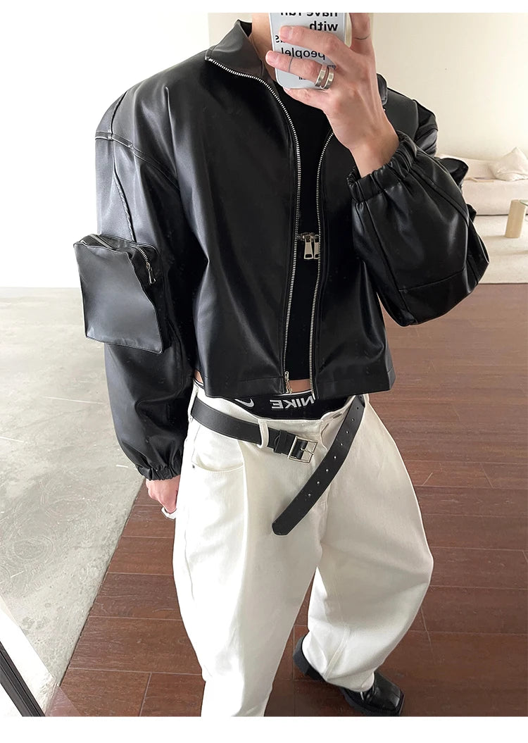 Spring Autumn Cropped Pu Leather Jacket Men Long Sleeve Zipper Luxury Designer Clothes Runway European Fashion voguable