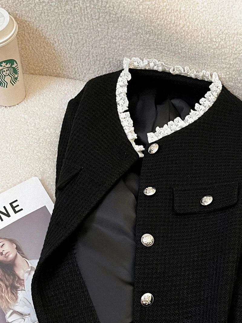 Black Slim Elegant Tweed Jacket Women Vintage Lace Patchwork Long Sleeve Sweet Coat Fall Winter French Casual Retro Tops voguable