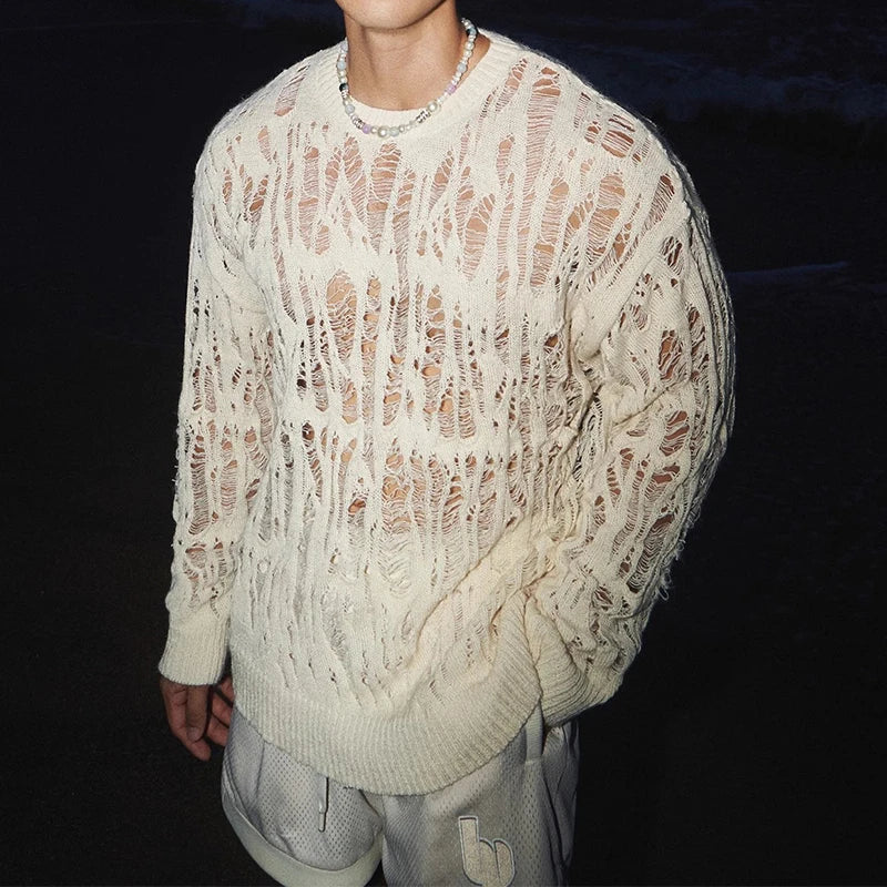 Sexy Hollow Out Mesh Knit T Shirts Men See Through Ripped Crew Neck Pullover Tops For Mens Spring Fashion Knitting T-shirt