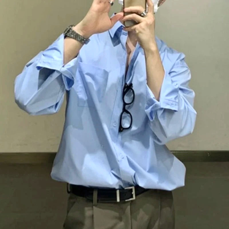 Voguable Korean Fashion Men High-end Light Blue Shirt Men Summer Solid Color Simple Casual Loose Button Pocket Long sleeve Shirts for Men voguable