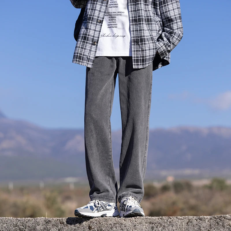 Spring Autumn New Fashion Korean Loose Straight Jeans Men Baggy Pants Elastic Waist Wide Leg Casual Pants Men's Clothes 5 Colors voguable