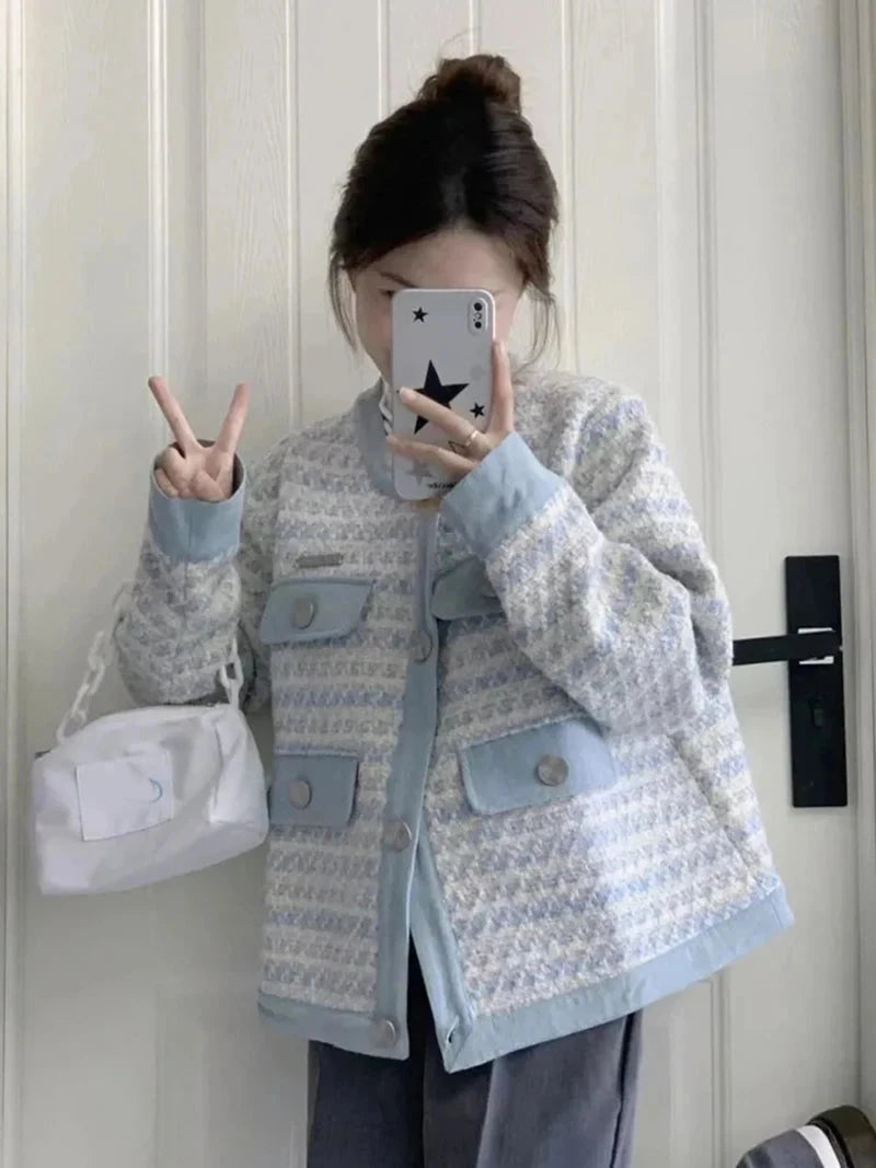 Fall Women Sweet Tweed Jacket Vintage Casual Long Sleeve Elegant Coat French Cute O Neck Women Fall Winter Retro Tops New voguable