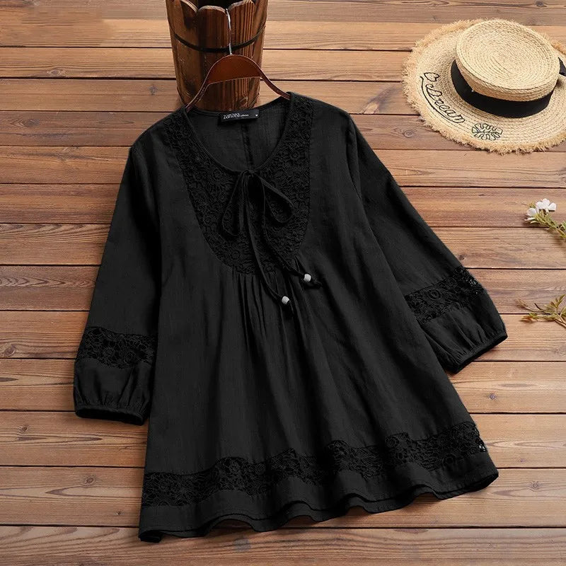Fashion Women's Solid Lace Top Cotton Linen Casual Top Woman New Summer Blouse Three-Quarter Sleeve Loose Shirt & Blouse Women voguable