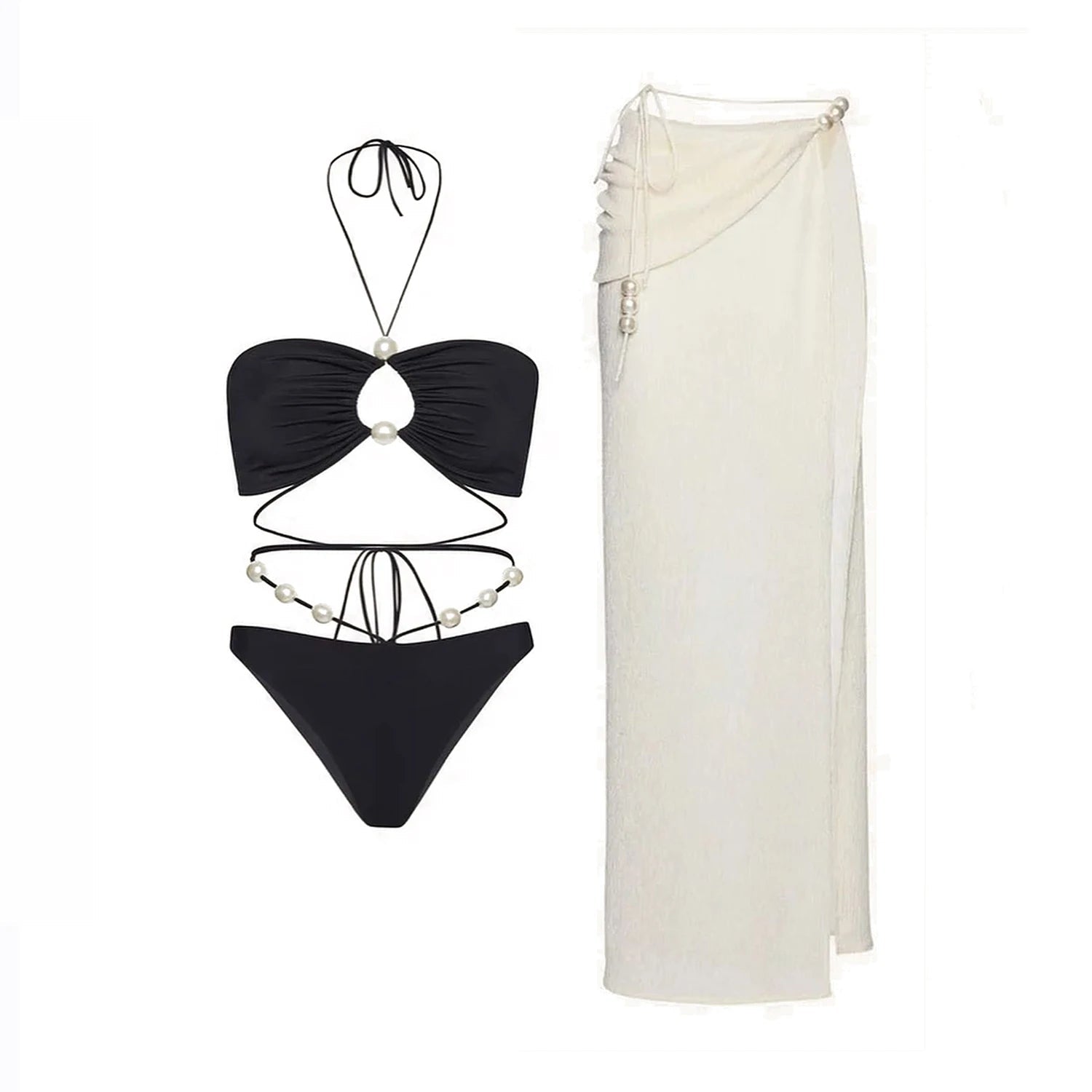 3Pcs Sexy Bikini Set With Cover Up Pearls White Swimsuit Women Halter Swimwear Female Off Shoulder Bathingsuit Biquini Beachwear voguable