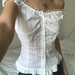 Voguable French Style Button-up Tank Top Women Chic Elegant Ruched Lace Stitching Slash Neck Camisole Cute Slim-fit Vest Y2K voguable