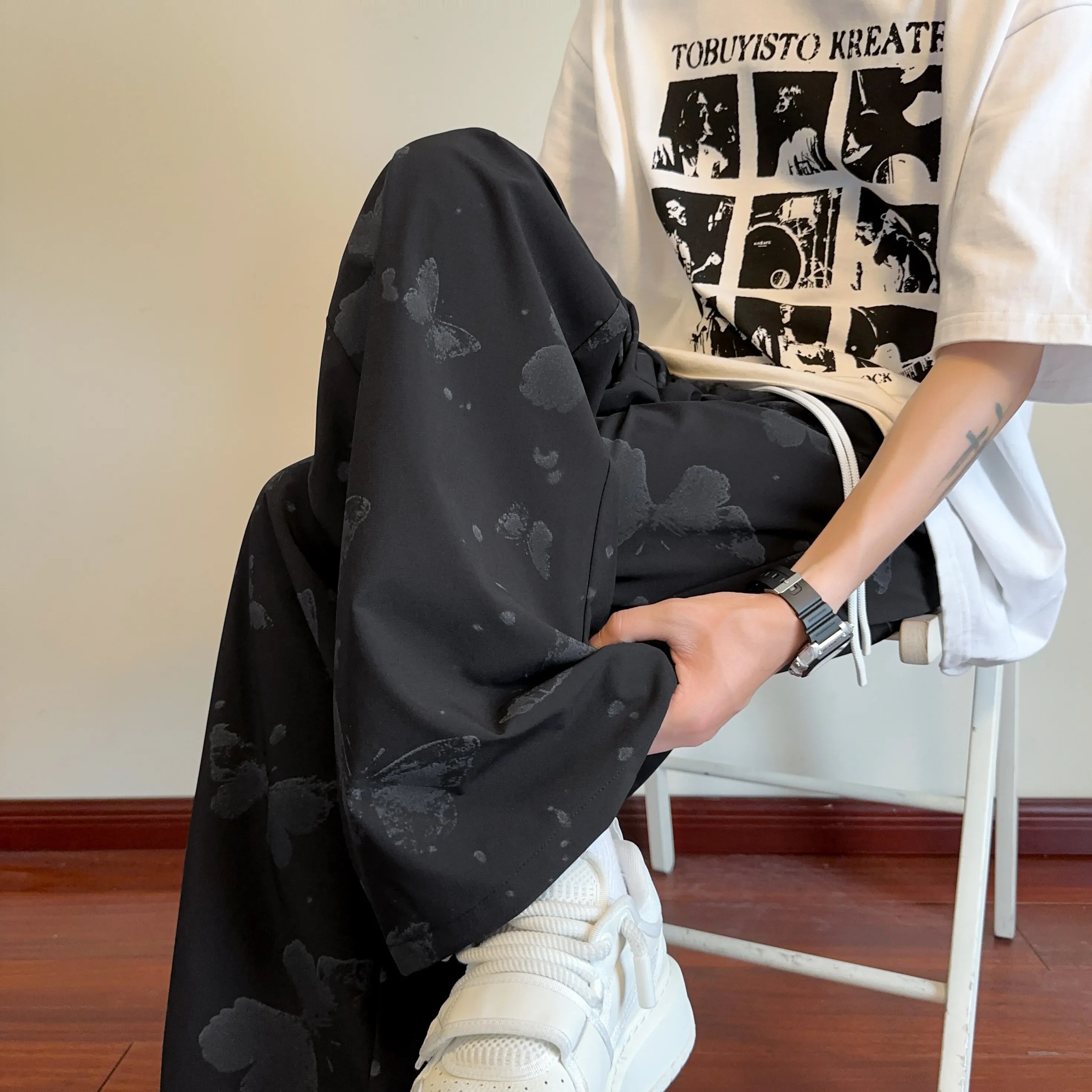 Men Casual Pants Loose Elastic Waist Straight Leg Butterfly Print Comfort Streetwear Fashion Trendy Outdoor Summer Mens Clothing voguable