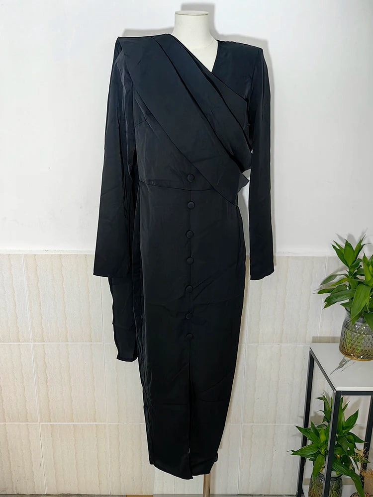 Solid Folds Slit Design Women's Long Dresses V Neck Long Sleeve Single Breasted High Waist Autumn 2025 New voguable