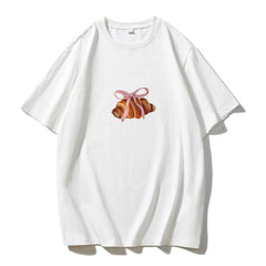 Bow And Horn Print White Summer T-shirt 2025 New Short Sleeve O-neck All-match Women Tee Top Streetwear Fashion Woman Clothing voguable