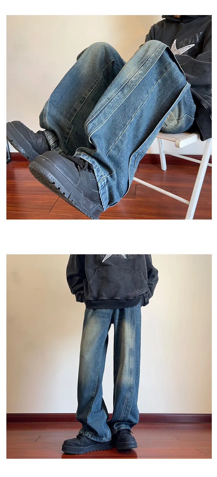 Destroyed Stitching Jeans Men's Blue Washed Jeans Gothic Style Street Trend Clothing Retro Loose Wide Leg Pants straight jeans voguable