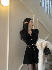 Voguable  Sexy Black Knitting Female Mini Dress Chic Chain Buttons Slim V-neck Fashion Women's Dresses Solid Color Winter Dresses voguable