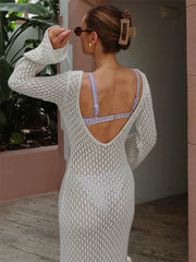 White Knit Fashion Cover up Maxi Dress Female See-Through V-Neck Hollow Out Beach Holiday Dress Knitwear Backless Dress voguable