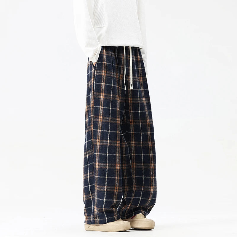 Autumn Thick Casual Pants Men Warm Retro Plaid Pants Men Streetwea Hip-hop Loose Wide Leg Pants Mens Oversized Vintage Trousers voguable