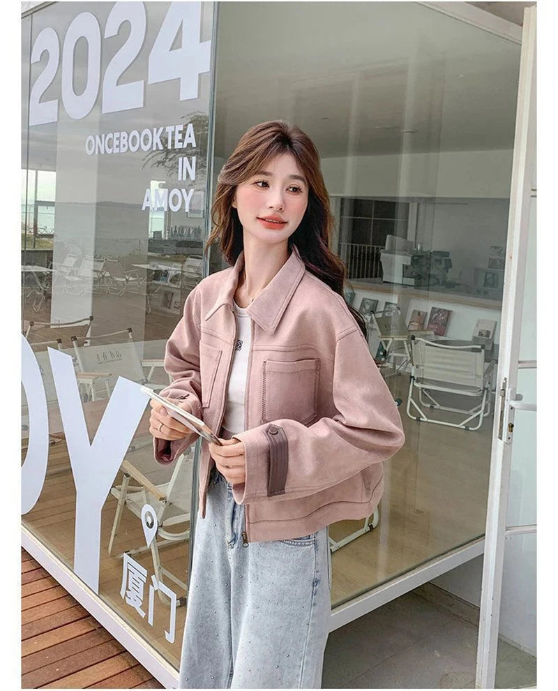 Pink Y2K Faux Suede Jacket Women Vintage Streetwear Long Sleeve Loose Coat Korean Casual Harajuku Fall Winter Outwear Tops voguable