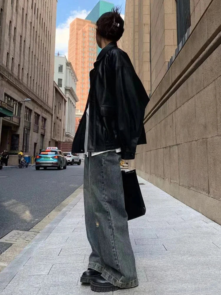 Vintage PU Leather Jacket Women High Street Techwear Oversized Moto Biker Coats BF Punk Loose Casual Cropped Outerwear voguable