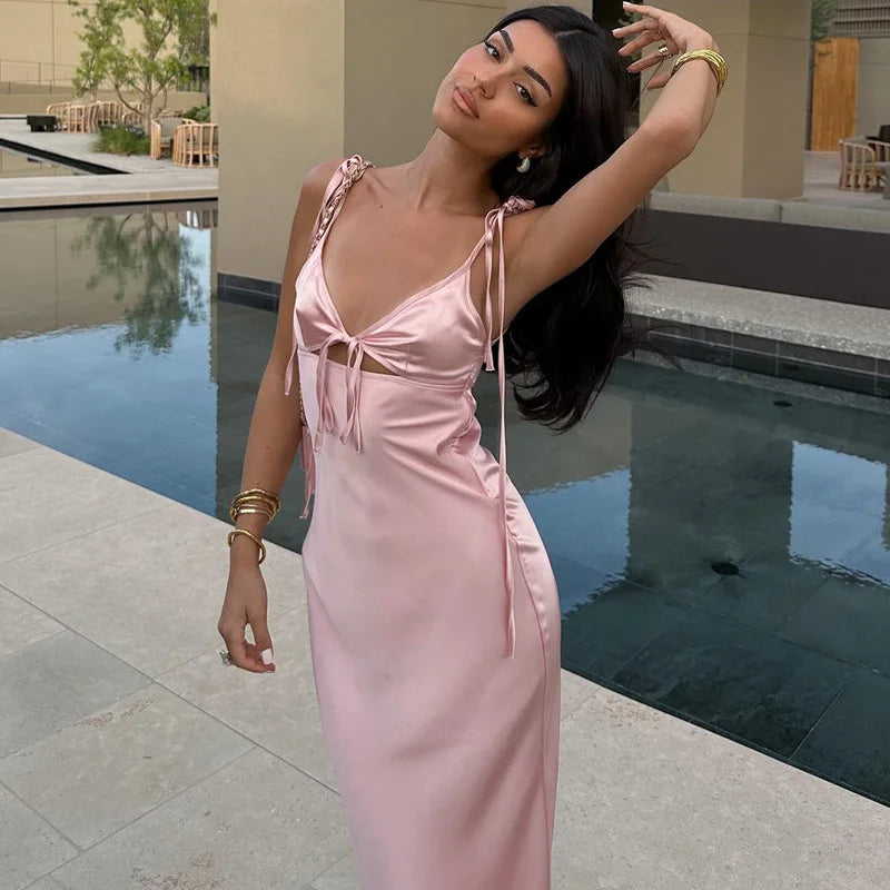 V-neck Cut Out Lace-Up Spaghetti Strap Dress For Women Summer Beach Long Dress Fashion Sexy Sleeveless Slim Gown Clothes voguable