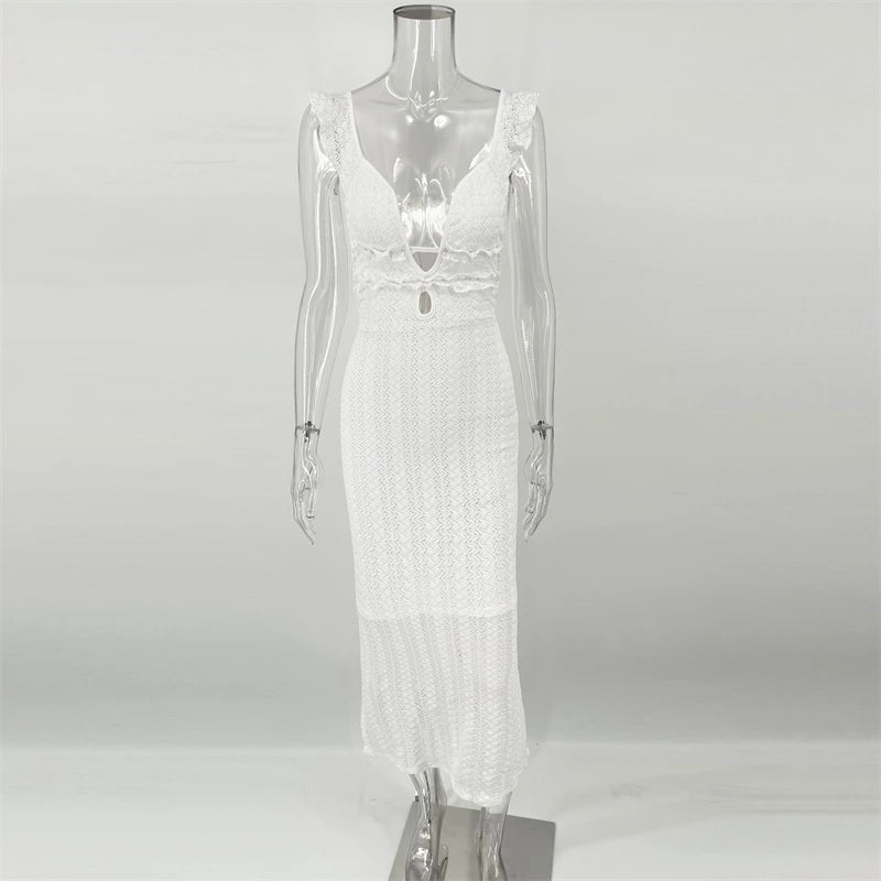 TARUXY Deep V Neck Sexy Dresses Women Sleeveless See Through High Waist Long Cover Up Dress Femme Holiday Knitted Beach Dress voguable