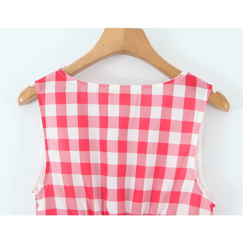 European And American Retro Sexy V Neck Red Plaid Dress Women Floral Embroidery Sleeveless A-line Mini Summer Dresses voguable