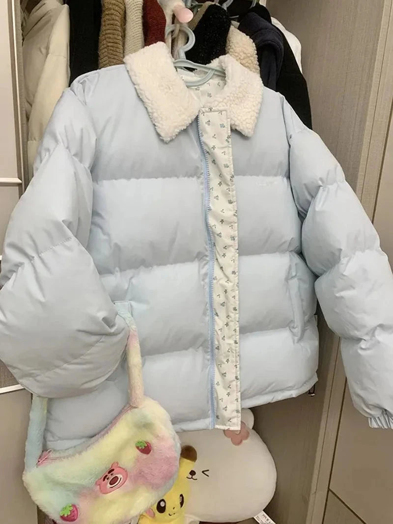 Blue Floral Patchwork Parkas Women Korean Sweet Winter Warm Puffy Coat Casual Long Sleeve Loose Preppy Style Cotton Jacket voguable