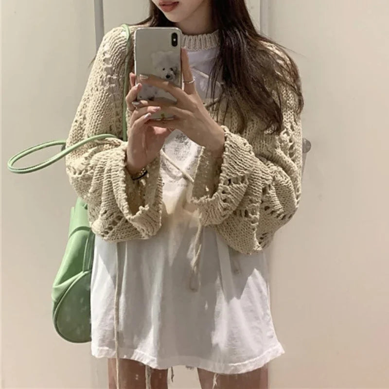 Voguable 2024 Summer New Letter Print Loose Casual Short Sleeve T-Shirt Women + Hollow Sunscreen Lace-Up Knit Sweater Two-piece Suit voguable