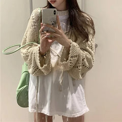 Voguable 2024 Summer New Letter Print Loose Casual Short Sleeve T-Shirt Women + Hollow Sunscreen Lace-Up Knit Sweater Two-piece Suit voguable