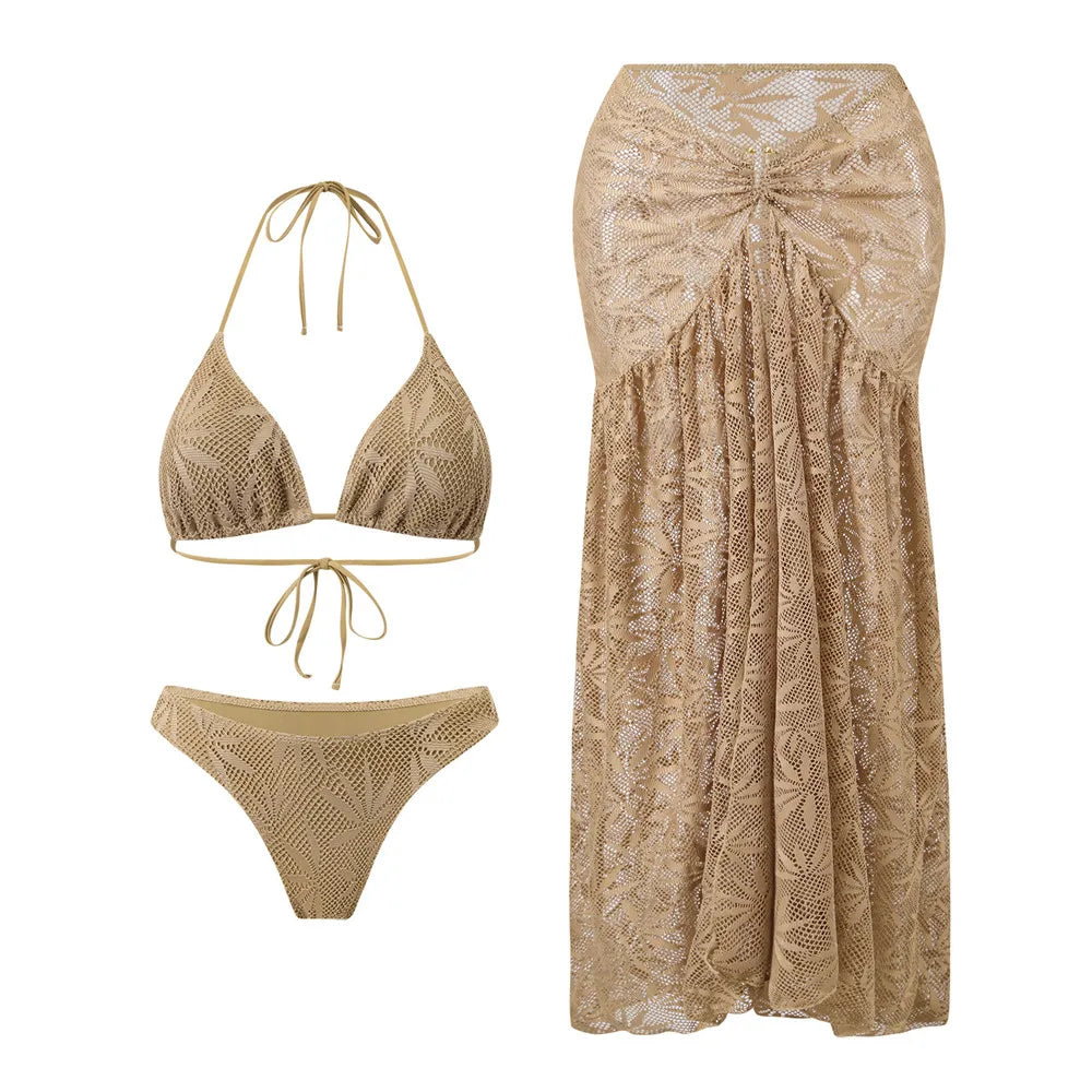Voguable  Holiday Brown Mesh Swimwear Long Skirts Cover Ups Halter String Bikinis Sets 3 Pieses Sexy Swimsuit Women  Bikini Beachwear voguable