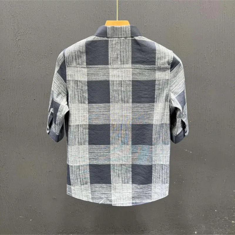 Voguable  Boyfriend Summer New Patchwork Square Collar Button Print Plaid Slim Fit Fashion Comfortable Casual Short Sleeved Shirts voguable