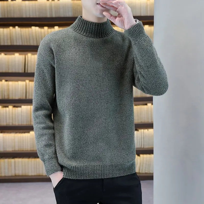 Autumn Winter New Fashion Long Sleeve Half High Collar Solid Pullovers Men's Clothing All-match Knitting Korean Simplicity Tops voguable