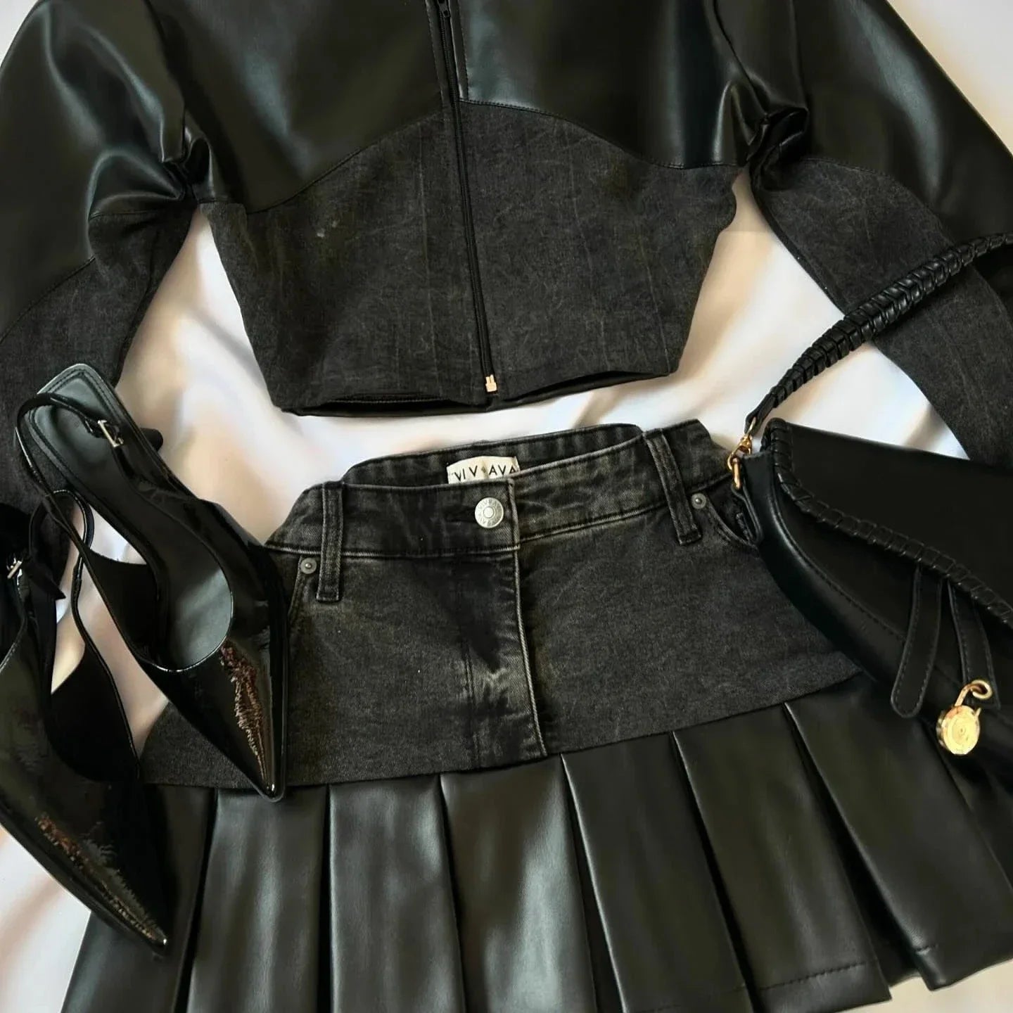Voguable  Gothic Streetwear PU Denim Crop Top And Pleated Skirt 2 Piece Set Women Dark Academia Outfit voguable