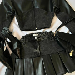 Voguable  Gothic Streetwear PU Denim Crop Top And Pleated Skirt 2 Piece Set Women Dark Academia Outfit voguable