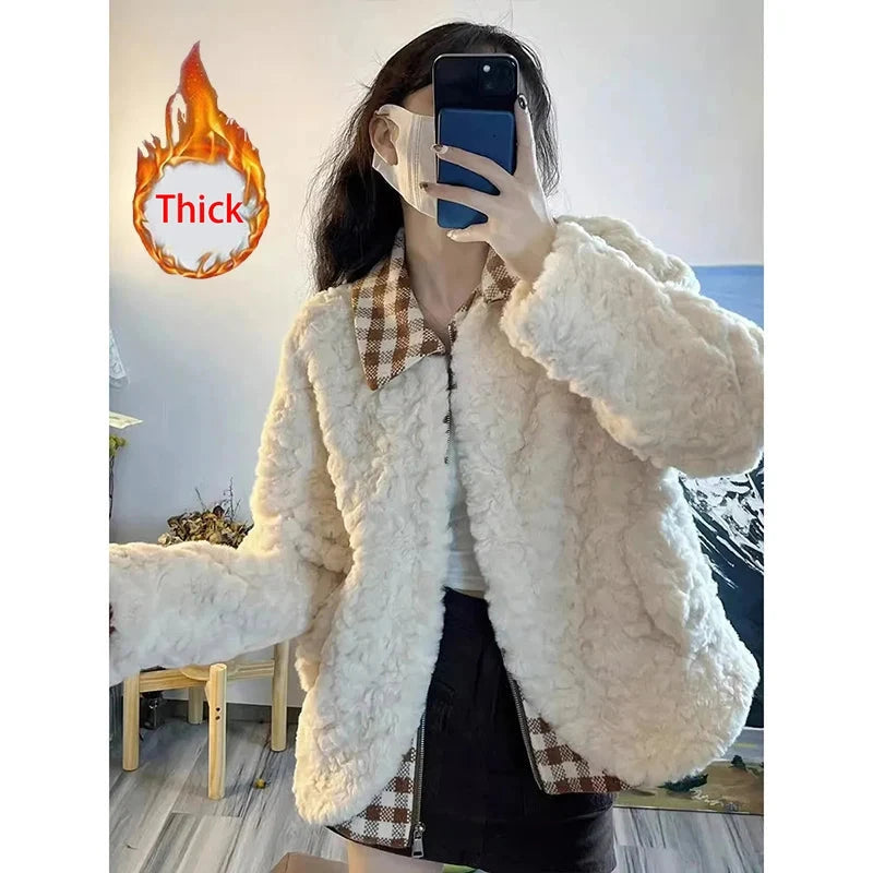 Sweet Cute Faux Lamb Coat Women Winter Thick Warm Plaid Patchwork Jacket Vintage Preppy Style Long Sleeve Kawaii Outwear Tops voguable