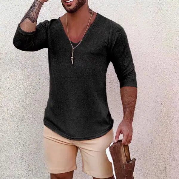 Voguable  Lightweight Breathable Loose Long Sve U-Ne Hollow out Knitted T-irt for Men Made of Linen Ice Silk Trendy Summer Top voguable