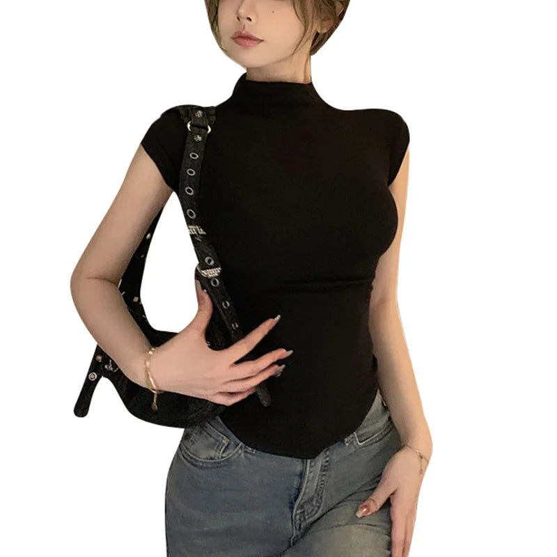 y2k Crop Tops Women Summer Vest Solid Color Mock Neck Sleeveless Stretchy T Shirts 2000s Aesthetic Clothing Streetwear voguable