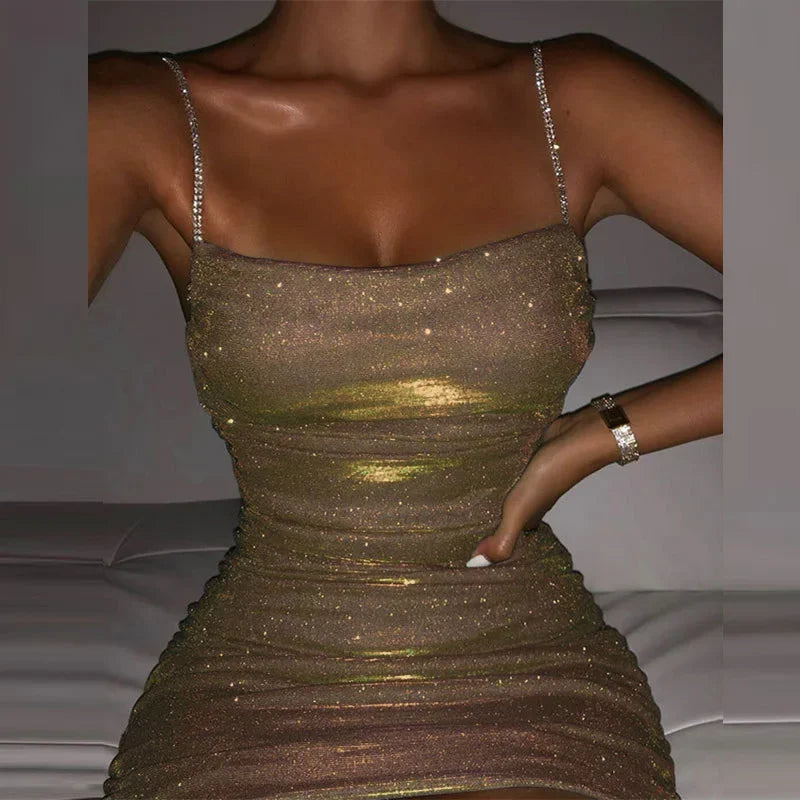 New Sexy Slash Neck Shiny Pleated Party Dress 2022 Women Fashion Elegant Backless Rhinestone Sling Mini Dresses Lady Chic Mujer voguable