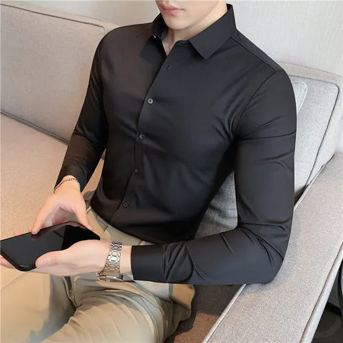 Plus Size 4XL-M High Elasticity Seamless Shirts Men Long Sleeve Top Quality Slim Casual Luxury Shirt Social Formal Dress Shirts voguable