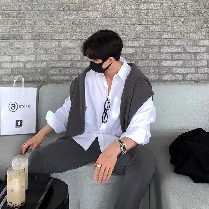 Voguable Spring New Korean Light Blue Shirt Men Oversized Solid Color Lapel Button Pocket Loose Business Casual Long Sleeve Men Shirts voguable