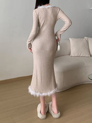Fur Trim Knitted Slim Casual Long Dress mysite