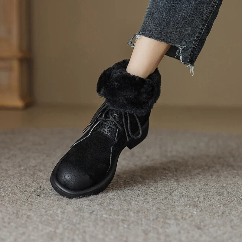 Winter New Women Ankle Boots Thick High Heels Warm Wool Snow Boots Genuine Leather Cross-Tied Popular Shoes Woman Casual voguable