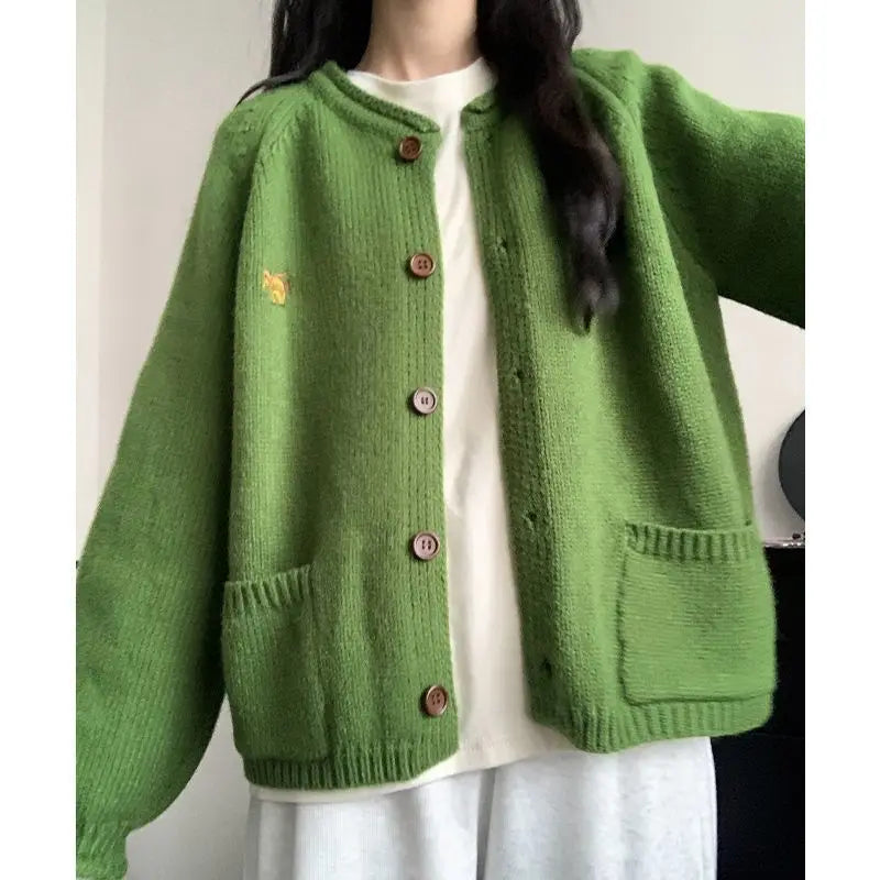 Autumn Winter Women Green Sweaters Coats O-Neck Pockets Embroid Button Fashion Sweet Lazy Wind Long Sleeve Cardigan Knit Tops voguable