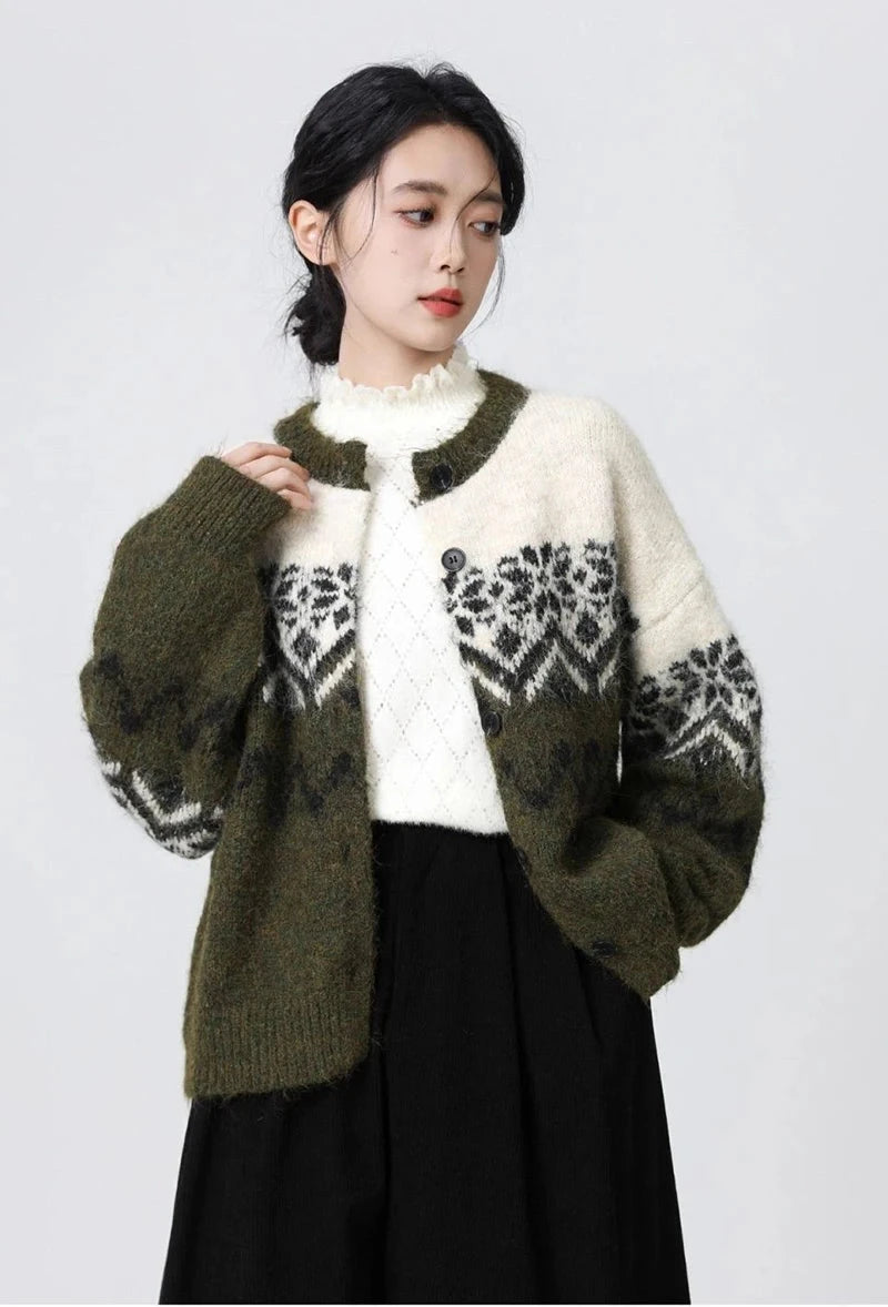 Women O Neck Retro Print Cardigan Sweaters Casual Lazy Wind Long Sleeve Knitted Short Coat Fall Winter Vintage Harajuku Lady Top voguable