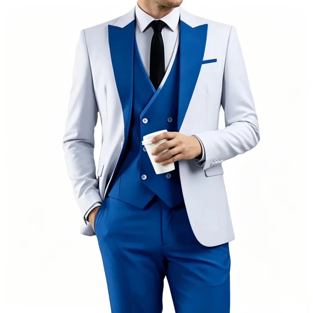 Voguable  Men Suit Sky Blue White 3 Pieces With Lapel For Wedding Groom Party Prom Birthday Banquet Business Work Set Jacket Vest Pant voguable